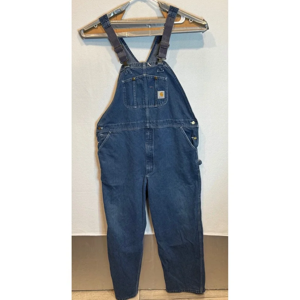Vintage Carhartt Mens Denim Bib Overalls Indigo Blue Carpenter Workwear 48x30